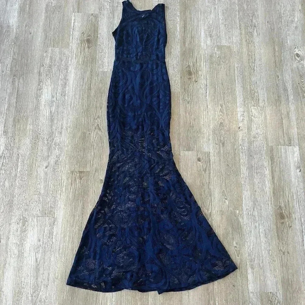 Womens Windsor Blue Maxi Sheer Lace Dress - S